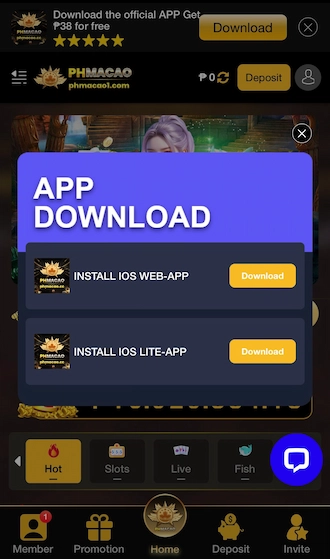 Step 2: Options to download the App will appear. Players should choose INSTALL IOS LITE - APP